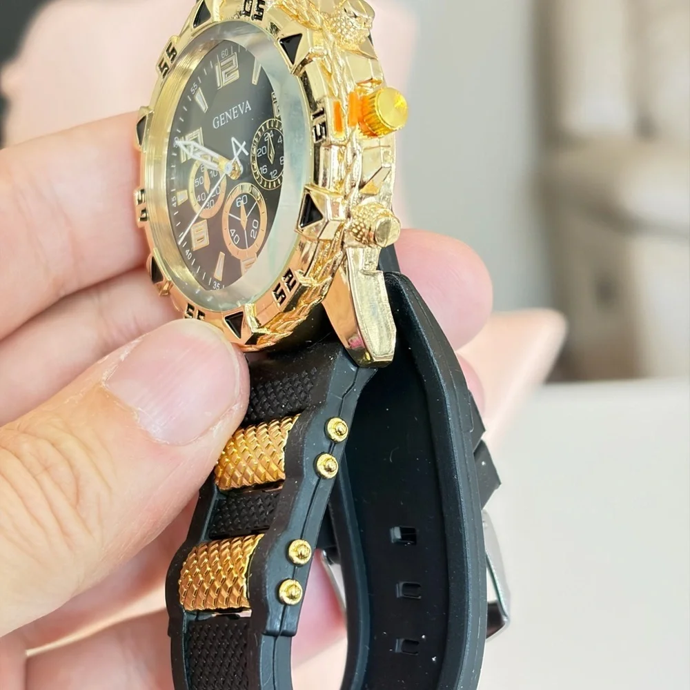 Geneva Black Dial Gold Bezel Watch.